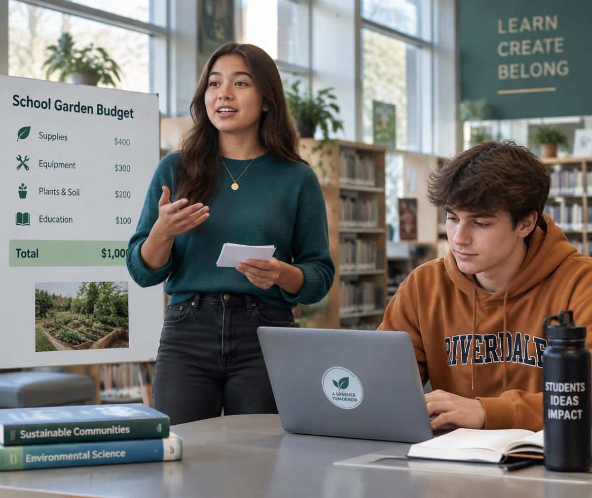 Teen students working together on a project budget
